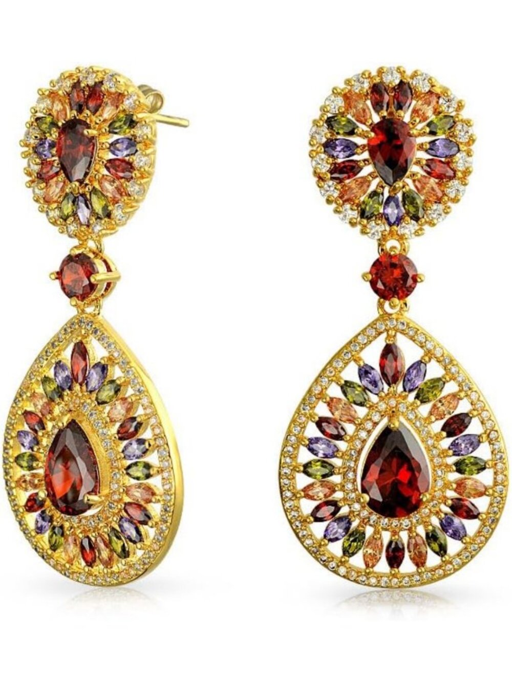 Multicolor Teardrop Chandelier Earrings | Gold Plated CZ Statement Jewelry